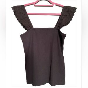 NWT- GAP- Lace Ruffle Strap Cotton Blend Women's Sleeveless Rib Top new black L